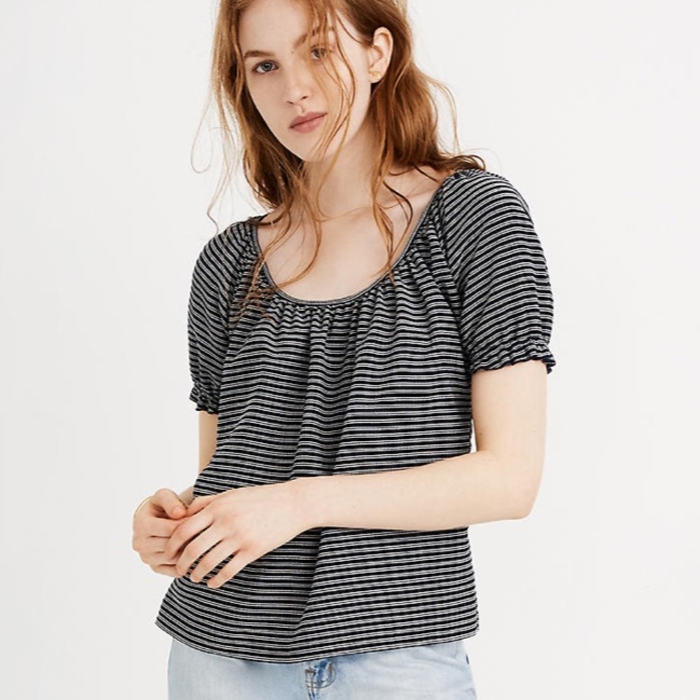 MADEWELL TEXTURE & THREAD PEASANT TOP IN STRIPE NAVY BLUE WHITE XS